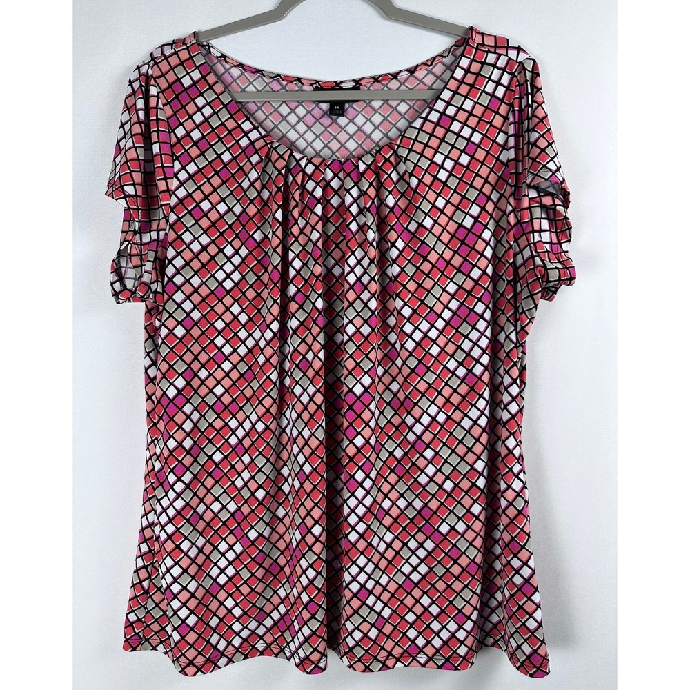 Worthington Blouse Women 1X Pink Geometric Short Sleeve Pleated Career Mod